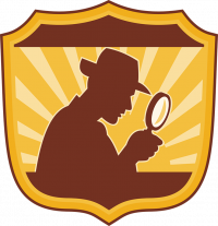Illustration of a badge with a detective silhouette and magnifying glass