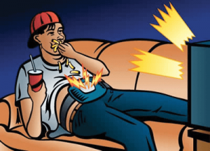 Illustration of man on couch eating and drinking while watching TV