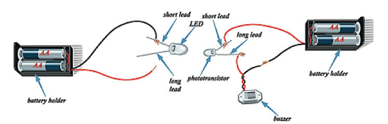 Illustration of experiment using electronic components to model how nerve impulses get relayed